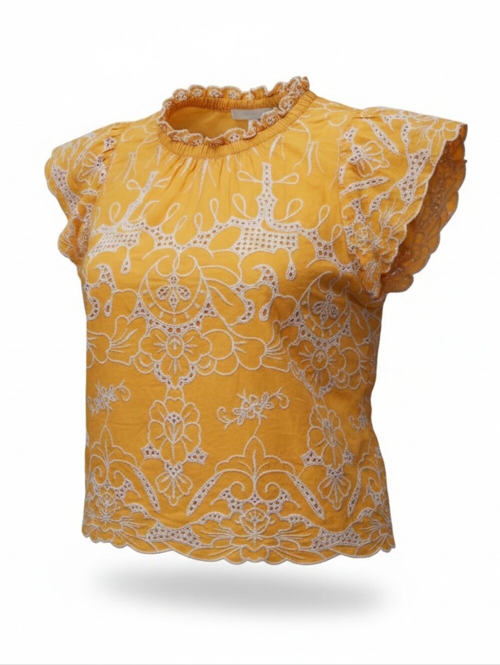 Jennifer & Grace White Eyelet Embroidered Flutter Sleeve Cotton Ruffle Neck Top